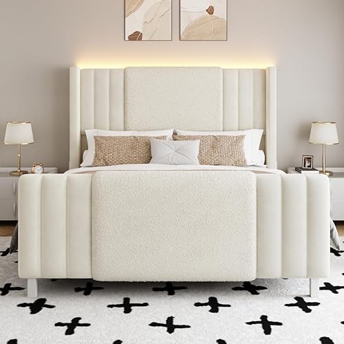 Miniatura 7 de Base de cama tamaño Queen con cabecero alto y estribo, marco de cama tapizado de terciopelo y boucle con luces LED, marcos de cama de plataforma