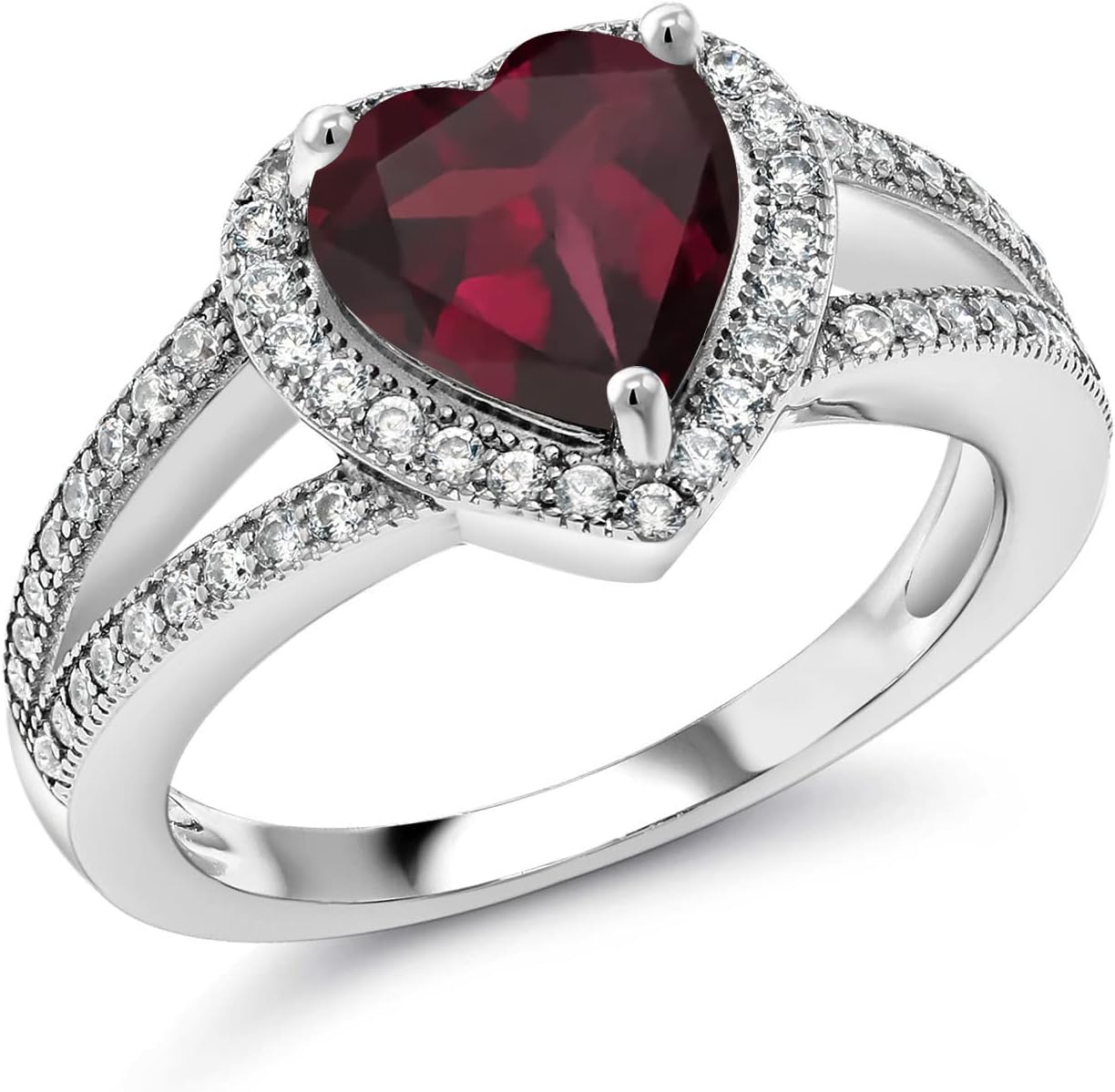 Gem Stone King 8MM Heart Gemstone Birthstone and White Moissanite Halo Ring For Women | 925 Sterling Silver | Jewelry for Anniversary Wedding Engagement Promise