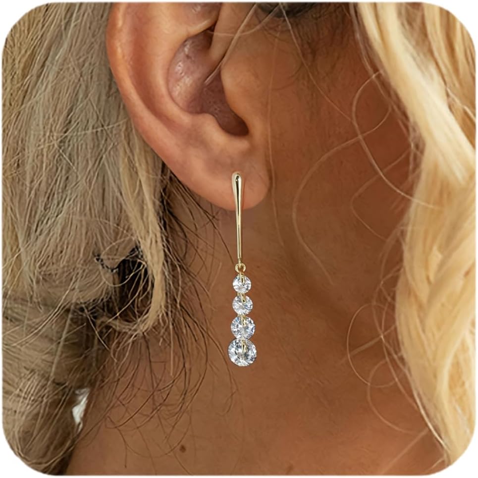 Hypoallergenic Graduated CZ Drop Earrings for Women, Christmas Gifts, 925 Sterling Silver Post, 14K Gold Plated Sparkle Dangle Earrings Wedding Party Birthday Jewelry