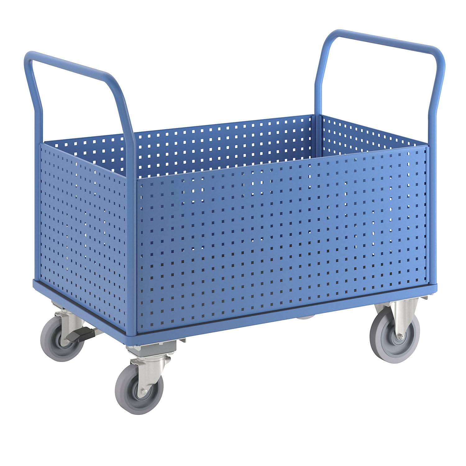 eurokraft pro | Plattformwagen | Mit 4 hohen Lochblechwänden, LxB 1250 x 800 mm, mit Zentralstopp, Vollelastik