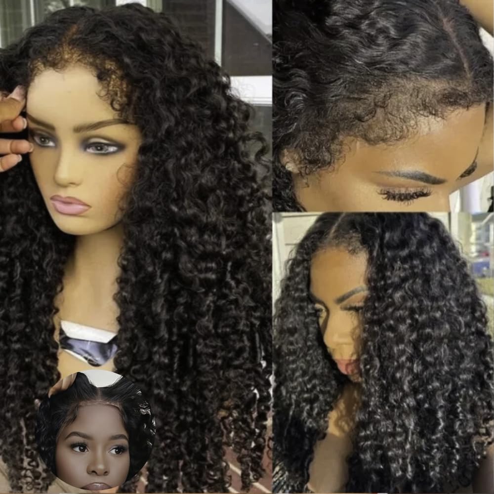 KLAIYI Kinky Edges Curly Bye Bye Knots Glueless Wig 7x5 Pre Cut Lace Front Wigs Human Hair Pre Bleached Pre Plucked 30 Easy to Wear and Go 4C Deep