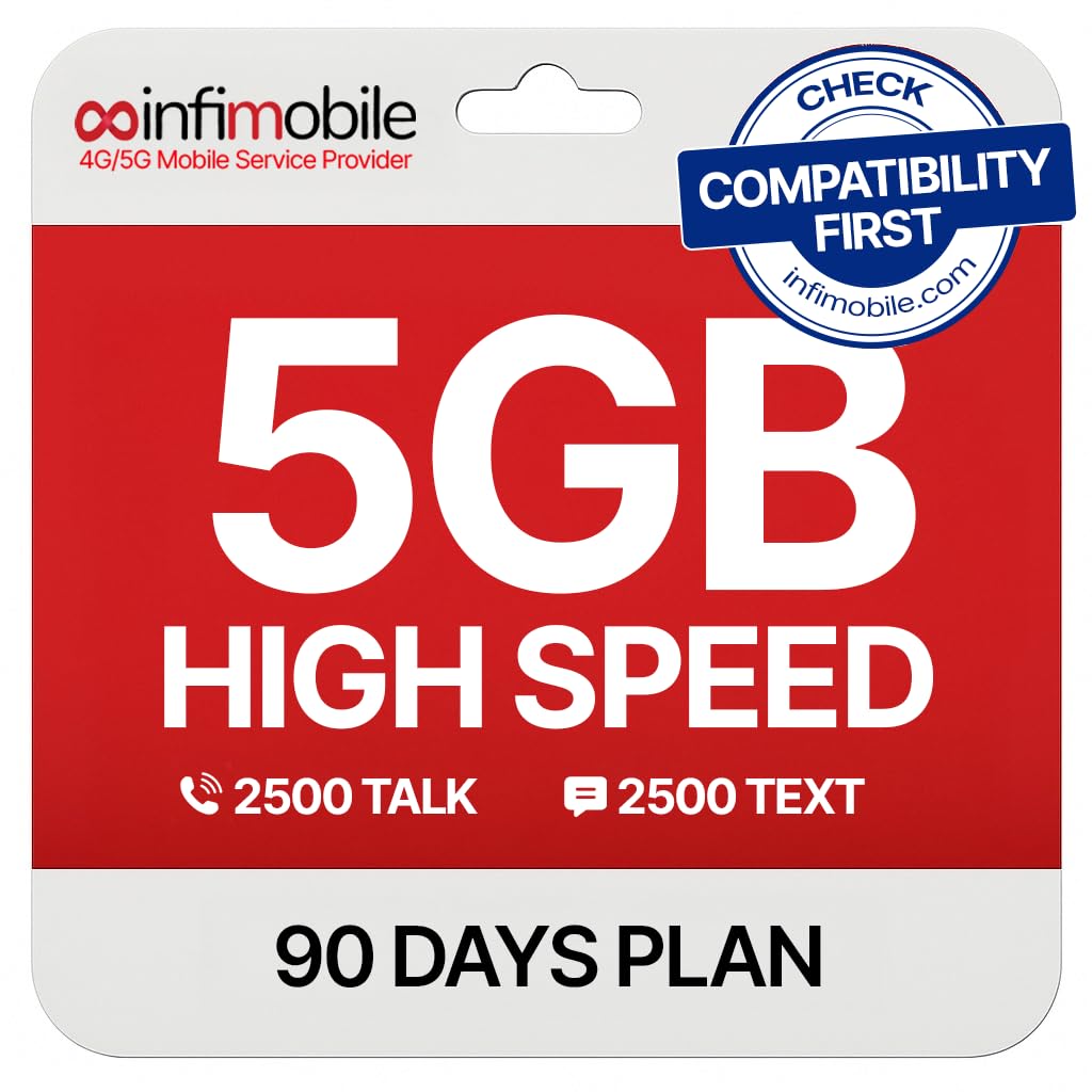 $15/Month | Infimobile Prepaid Plan: 3 Months| 5GB High-Speed Data Per Month | 2500 Minutes and 2500 Text| Prepaid Plan Service SIM Card | Nationwide Coverage | 4G, 5G V-Network 3 - Month plan, V Network Compatible