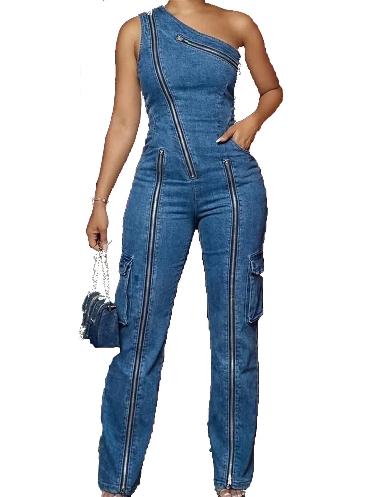 Combinaisons Femme Cargo Jean Une Épaule Taille Haute Pantalon Jambe Large Style Safari Ample À Poches Déchiré Lavé