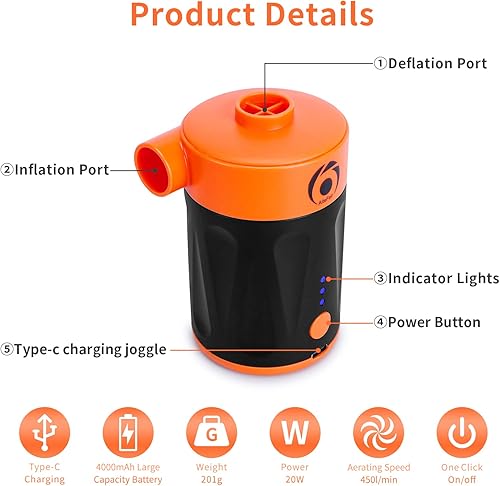 Miniatura 4 de Bomba de aire eléctrica, bomba de aire de batería, inflable, portátil, 2 en 1, bomba de bolsa de vacío e infla, con 4 boquillas de aire, bomba de