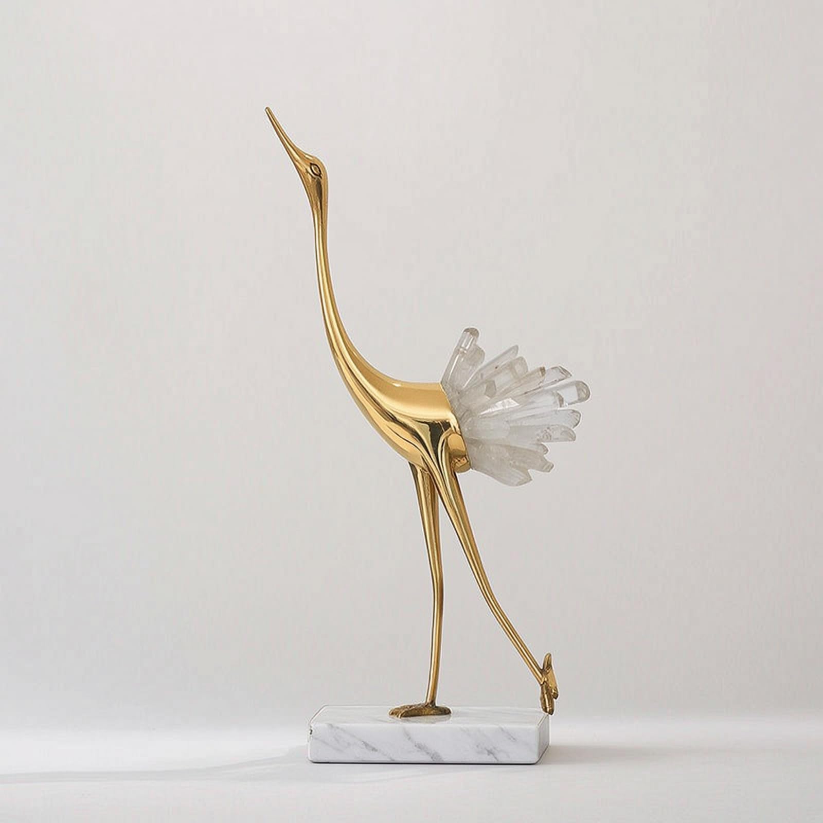 F Fityle Escultura Decorativa Estatua Figura Adorno con Texturas de Lujo en Cobre y Cristal Base de Mármol Antideslizante Brillo, Blanco, Grulla Inclinada Central