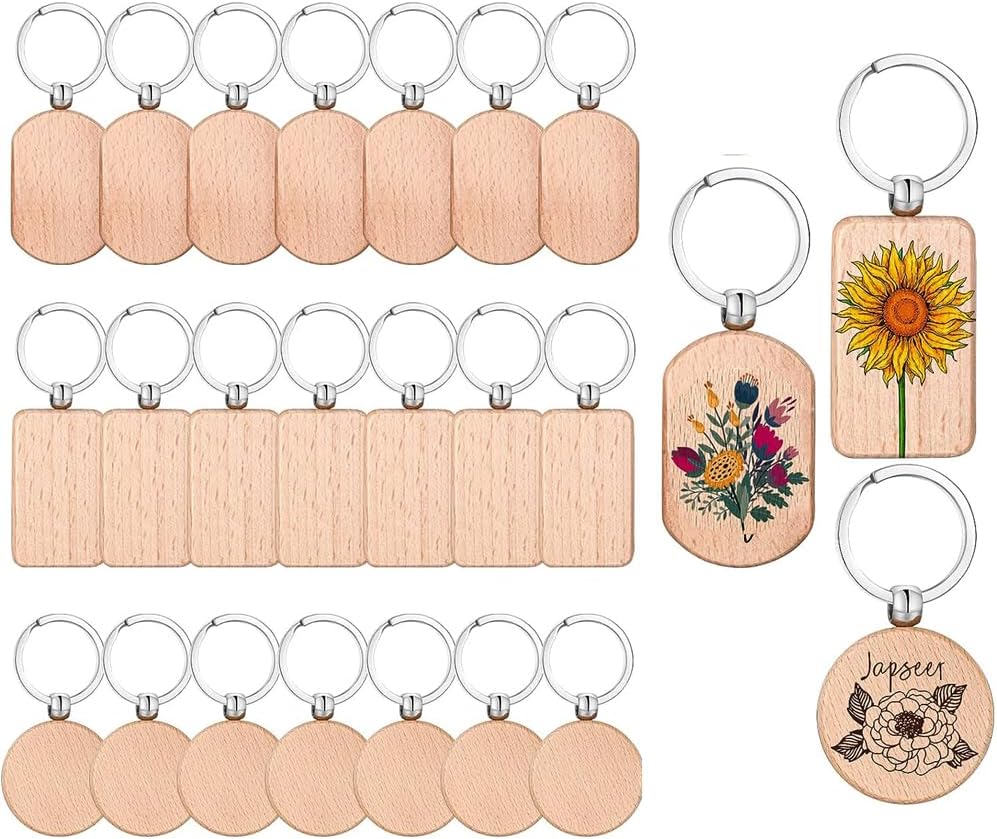 YARDHOBI 21 Pieces Wooden Keychain Blanks, Laser Engraving Wood Key Chain, Personalized Key Tags With Ring, Unfinished Rectangle Oval Round Wood Key Tag for DIY Gift Crafts