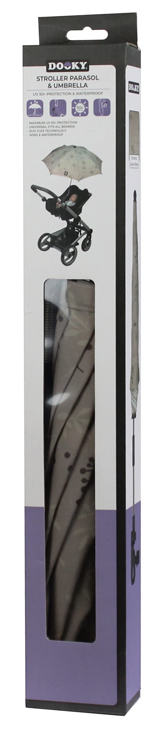 Dooky Ombrellone per carrozzina/passeggino/passeggino, protezione UV UPF 50+, flessibilità 180 gradi con tecnologia Duo Flex, antivento e impermeabile, 100% poliestere, portata 76 cm, beige foglie