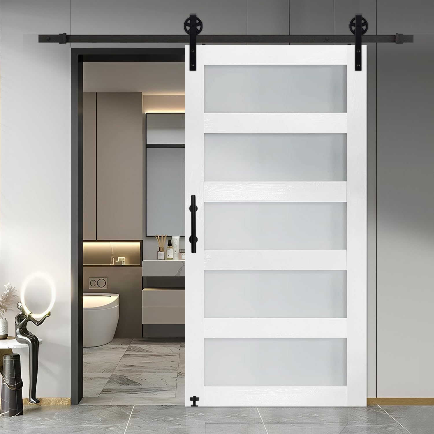 S&Z TOPHAND40 in x 84 in Glass Sliding MDF Barn Door with 6.6FT Sliding Door Hardware Kit, 5 Tempered Frosted Glass, Slab Inside Covered with Water-Proof PVC Surface, Simple DIY Assembly(Big Wheel)