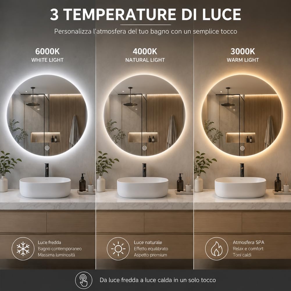 Shally Dogan Specchio Rotondo da Parete con Led Dimmerabile a 3 Colori, Bianco Freddo, Caldo e Naturale, Accensione con Touch, Decorazione da Muro Design Moderno e Salvaspazio, Diametro 60 cm