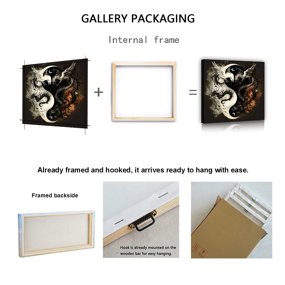 Via Vela Yin Yang Dragon Toile Art Mural Mystique Noir Blanc Affiche Oeuvre D’animaux Impressions Art Oriental Animaux Mythiques Pour Salon Décoration Intérieure 40x40cm Cadre Intérieur
