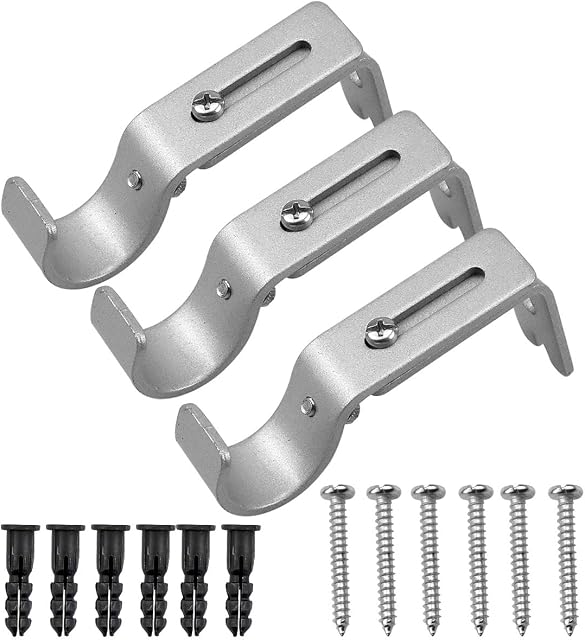 Fodlon Curtain Rod Brackets Set, 3Pcs Adjustable Heavy Duty Metal Curtain Pole Holder Bracket Holder Curtain Rod Support Wall Brackets Holder with Screw for Poles Wall Rod (Silver)