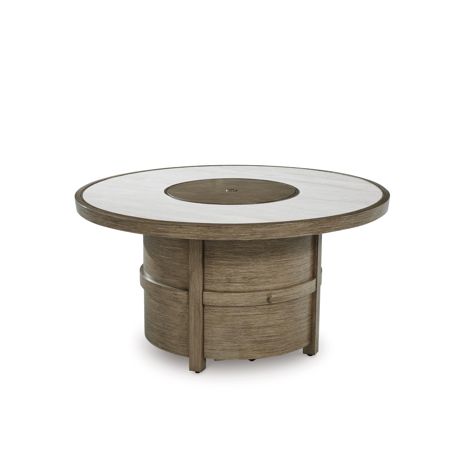 Signature Design by Ashley Rainier Ranch Contemporary Sintered Stone Tabletop Outdoor Fire Pit Table with Pedestal Base, Light Brown & Beige