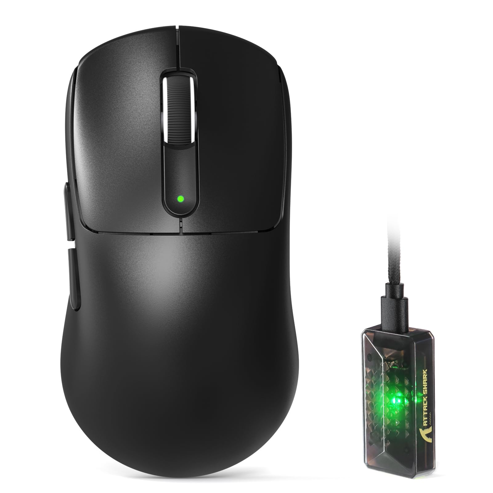 ATTACK SHARK V5 Ratón Gaming Inalámbrico, 53g, Microinterruptor Óptico, Nordic52840, PAW3950MAX, Receptor LED 8KHz, 20000FPS, 42K dpi, BT/2.4G/Wired, 500mAh, Manos Medianas-Grandes (Negro)