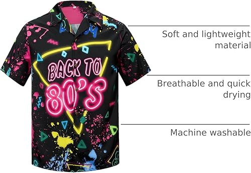 Miniatura 4 de Zando Traje de los años 90 y 80 para hombre, divertida camisa hawaiana retro de manga corta con botones para discoteca, fiesta temática y playa