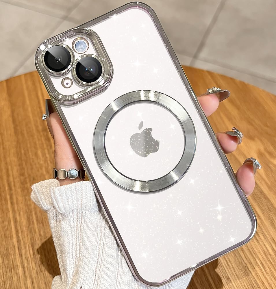 JUESHITUO Magnetic Glitter Case Designed for iPhone 14 Case with Full Camera Protection and Strongest Magnetism, Soft TPU Plating Luxury Sparkly Shockproof Slim Case for Women Girls - Silver