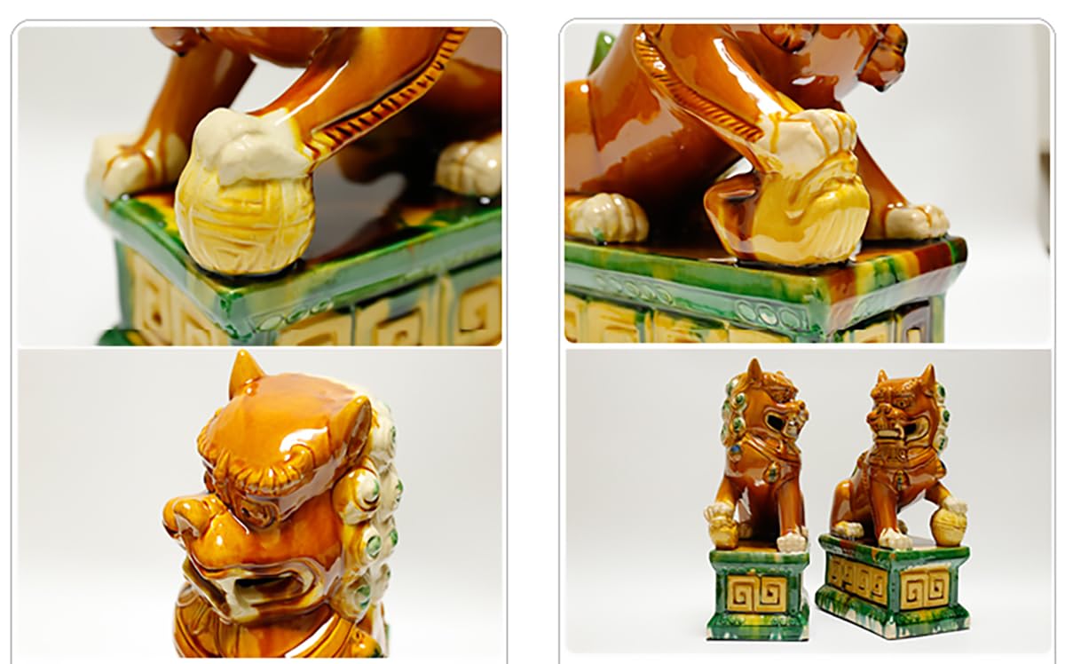 China Keramik Feng Shui Fu FOO Hund Wächterlöwen Statuen Asiatische Dekor Ornamente für Büro Schreibtisch Hauseinweihung Geschäft Eröffnung Geschenk B1,20cm