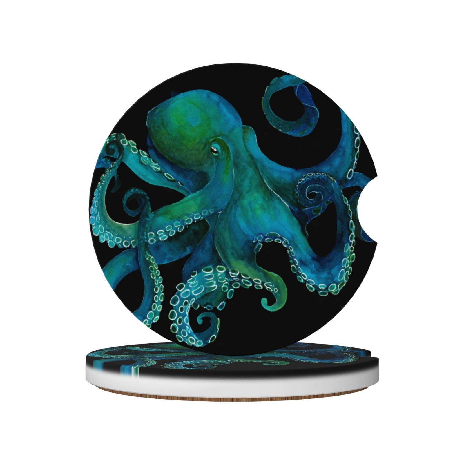 Watercolor Blue-Green Octopus Ceramic Coasters,2pcs