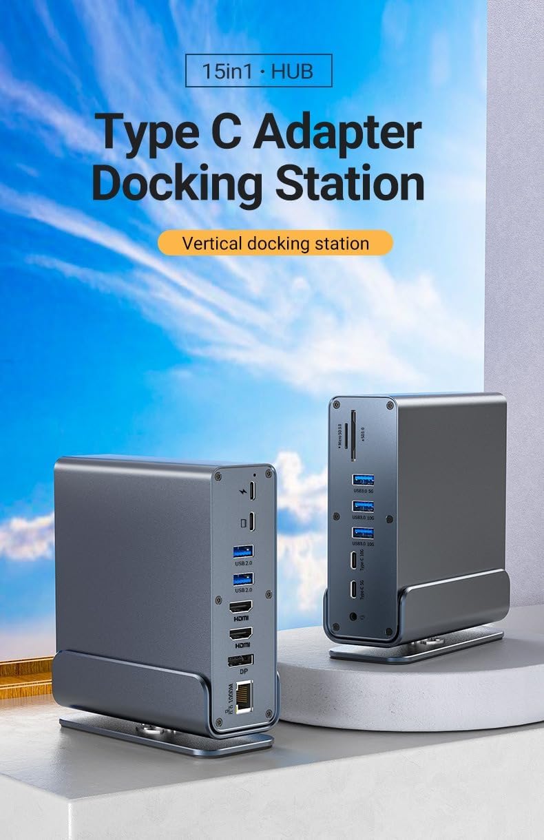 15 in 1 Docking Station, USB C Docking Station Triple Monitor with 2*DP&1*HDMI Ports, Laptop Dock for 100W PD, 6 *USB A/C Ports, Ethernet, SD&TF, Audio
