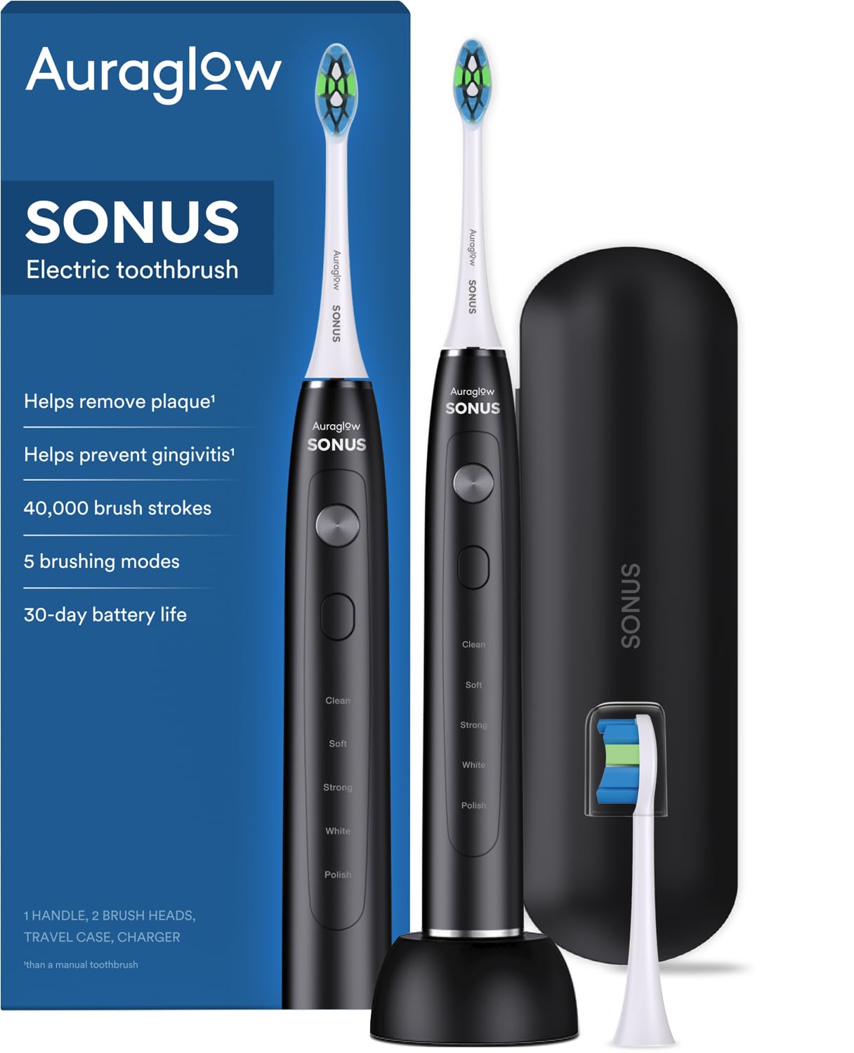 AURAGLOW Sonus Electric Toothbrush, 5 Cleaning Modes, 2 Brush Heads & Travel Case, 40,000 VPM Sonic Toothbrush & Wireless Charging, 30-Day Battery Life with Smart Timer, Black