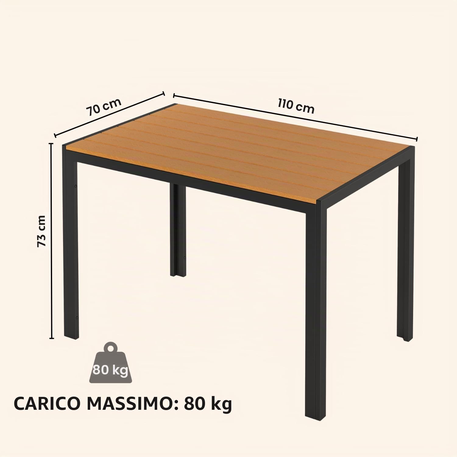 Clevich Tavolo da giardino 110x70 cm in alluminio e WPC - Tavolo da balcone resistente a intemperie, calore e condizioni atmosferiche per terrazzo e esterni