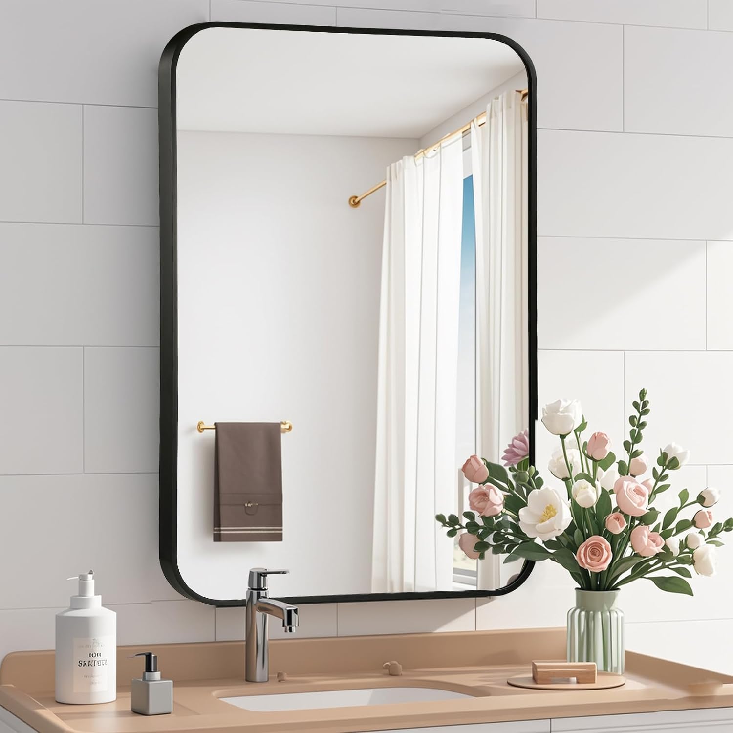 Black Bathroom Mirror, 22x30 Inch Matte Black Mirror, Aluminum Alloy Framed Vanity Mirror, Rounded Rectangle Mirror for Over Sink, Anti-Rust Wall Mirror (Horizontally or Vertically)
