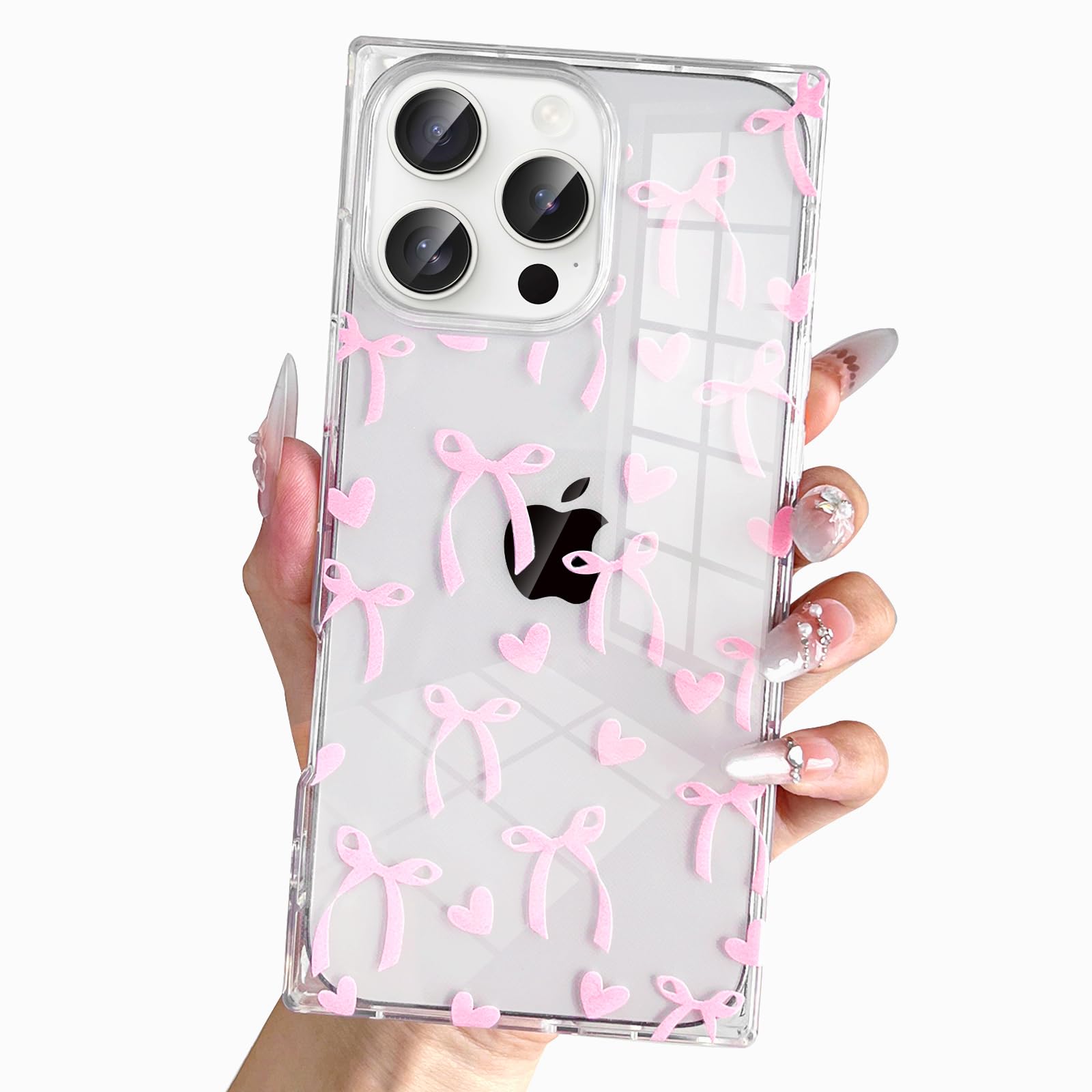 Jmltech for iPhone 16 Pro Max Case Cute Women Girly Clear Silicone Rectangle Edge Bowknot Print Hearts Transparent Shockproof Protective Phone Cases