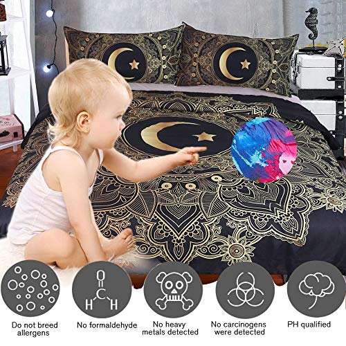 Parure de lit housse de couette mandala doré fleurs lune étoiles drap noir de chambre