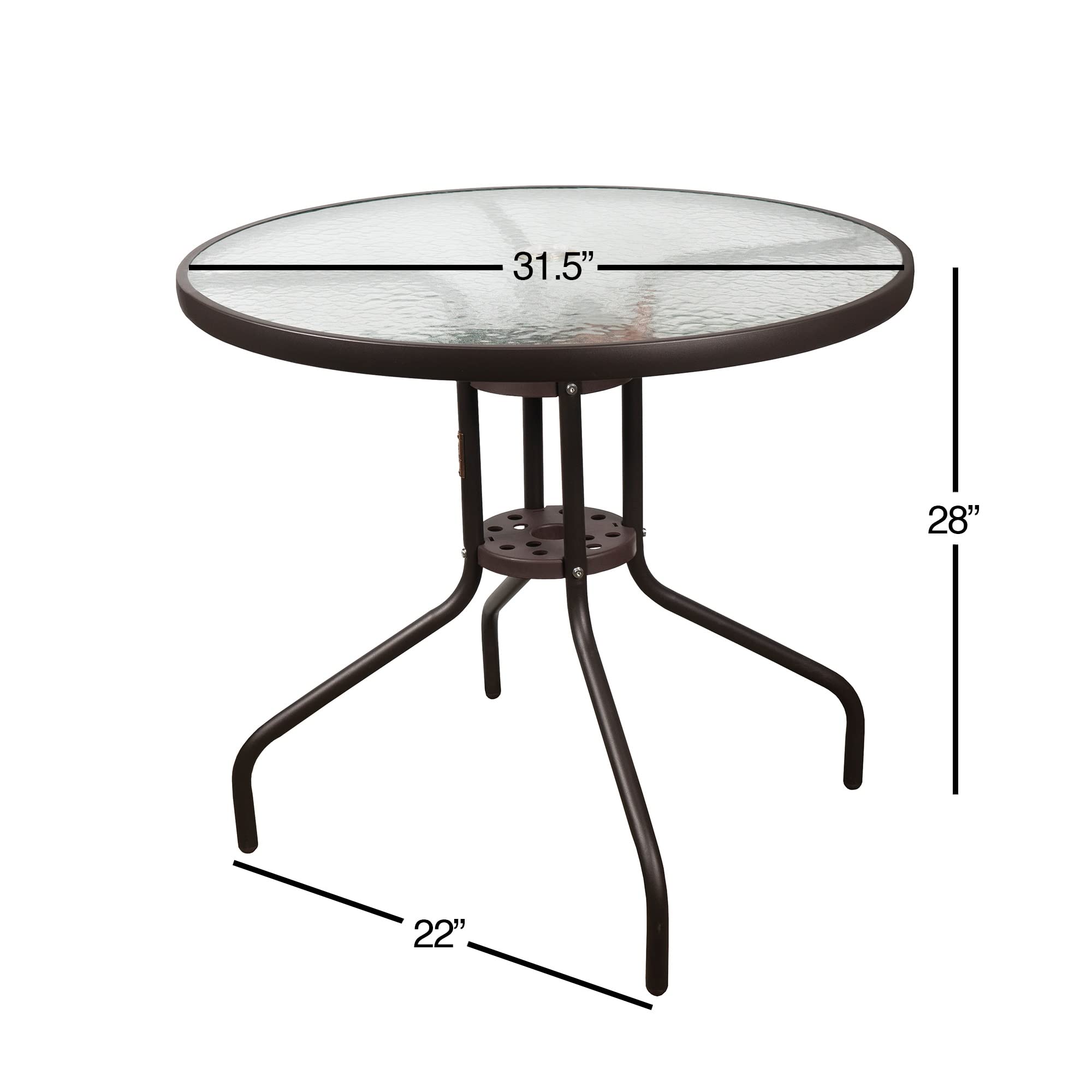Muebles de patio al aire libre, mesa de comedor redonda, base de acero y borde con parte superior de vidrio ondulado, marrón, 31.5 pulgadas 6