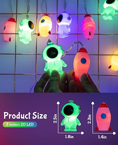 Miniatura 6 de AceList Guirnalda de 20 luces LED espaciales, decoración mágica de cohetes y astronautas  USB y batería para habitaciones de niñosniños, fiesta,