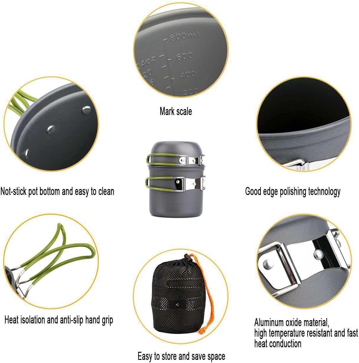 Camping Cookware Set 13 Pcs, Non-Stick Backpacking Pot and Pan Set with Folding Fork, Lightweight Portable Mess Kit for Camping, Hiking, Picnic Outdoor Cooking