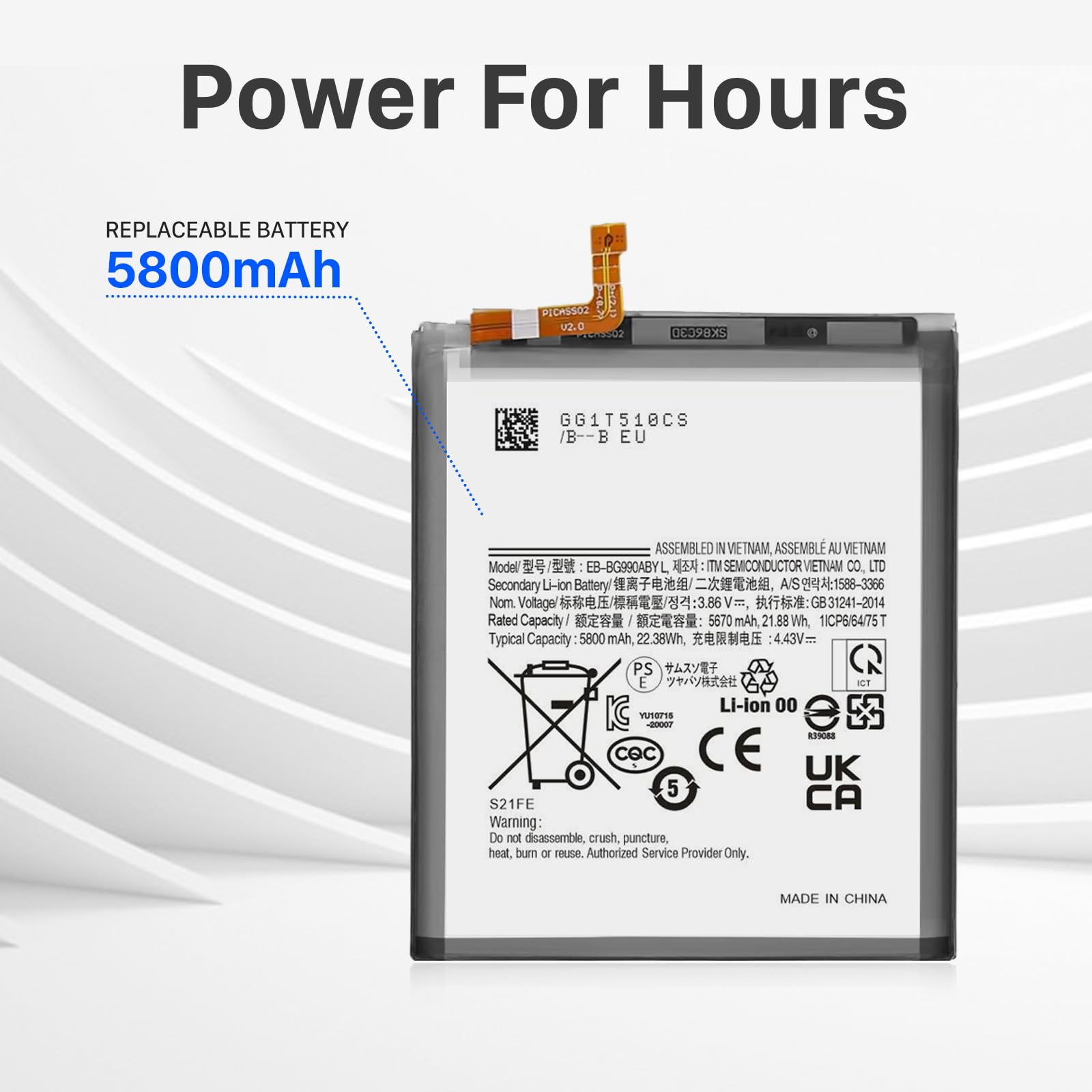 Galaxy S21 FE EB-BS912ABY Batterie de rechange, 5800 mAh, pour Galaxy S21 FE 5G SM-G990B, SM-G990B/DS, SM-G990U1, SM-G990U, SM-G990W avec kit d'outils de réparation
