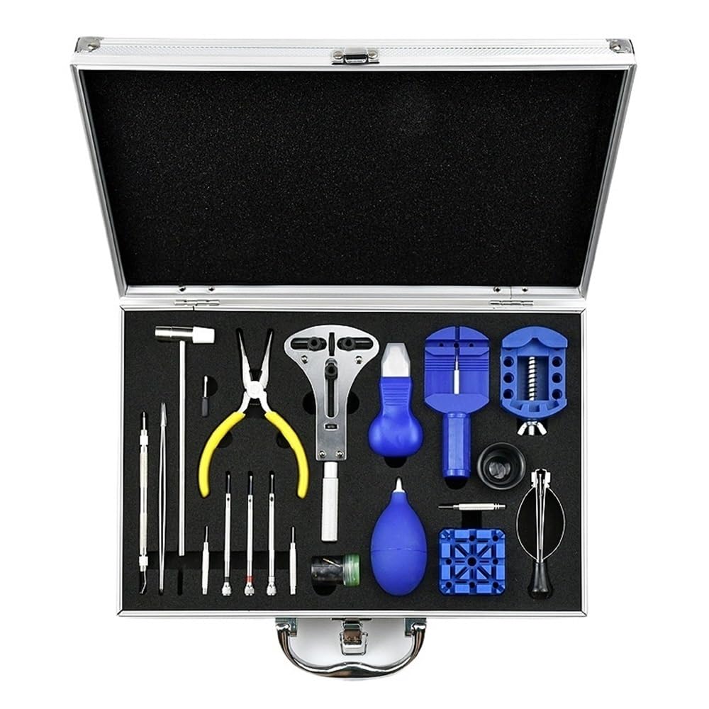 Professionelles Komplettset für Uhrenreparaturen – Aluminiumlegierungsbox für mechanische und Quarzuhren (blau)