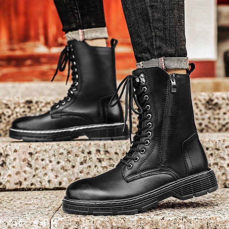 Shoes Men's Black Warm Lace-up Leather Boots High-top Side Zipper Round-toed Oxford Men Fashionable Versatile for Travel Outdoor Activities