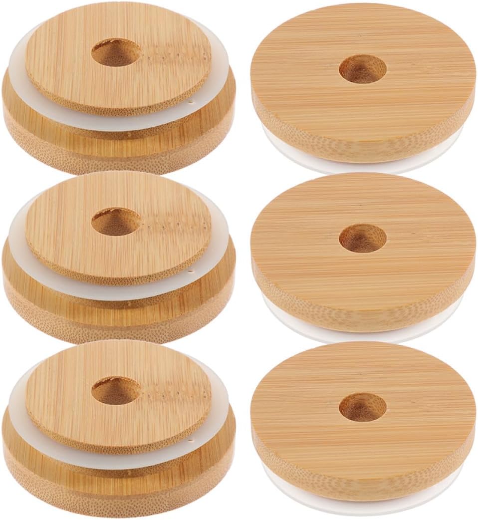 6pcs Wood Grain Jar Lids with Straw Hole Silicone Seal, Reusable Airtight Canning Covers for Wide Mouth Mason Jars, Kitchen Storage and Beverage Use