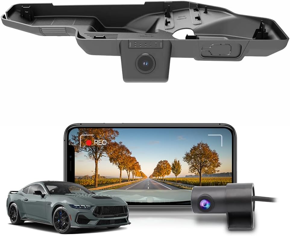 Fitcamx Front 2K+Rear 1080P Dash Cam Adapts for Ford Mustang 2024 2025 Ecoboost GT Premium Dark Horse, OEM Style, Dual HD Video, Loop Recording, Built-in WiFi & APP, G-Sensor, Easy to Use, 64GB Card