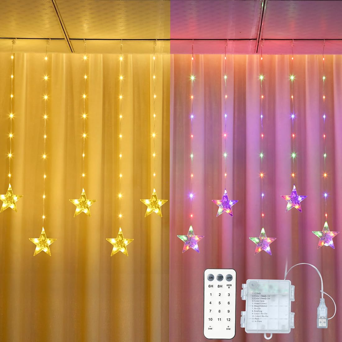 Star Curtain Lights, 10ft x 3.3ft RGB LED Color Changing String Fairy Lights Stars Curtain, Smart APP & IR Remote, 200+ Scene Modes for Bedroom Backdrop Indoor Outdoor Christmas Decorations