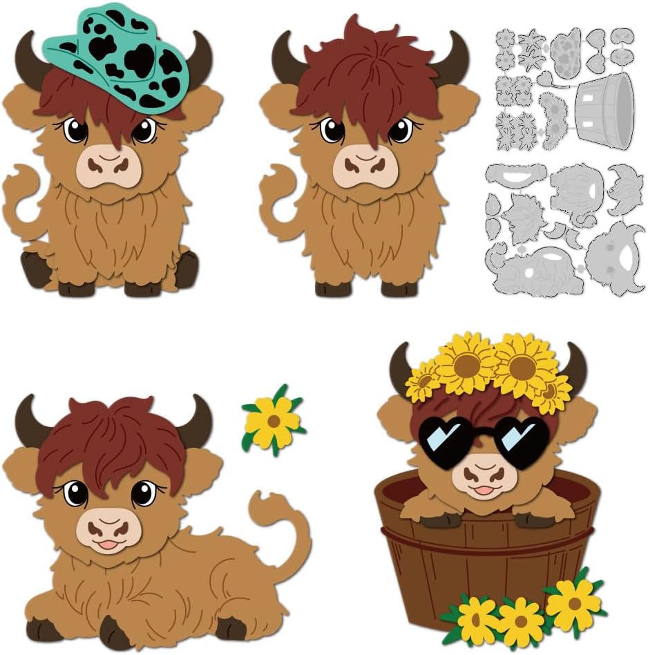 Highland Cattle Cutting Dies Flower Cute Cow Card Making Die Stencil Metal Die Cuts Card Scrapbooking Embossing Template Dies for Greeting Cards Craft Paper Album Invitation Festive Decor