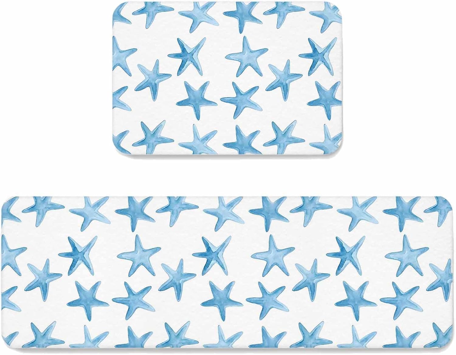 Prime Leader Summer Ocean Life Kitchen Mat Set 2 Pieces Blue Starfish Watercolor Modern Simple Non Slip Kitchen Rugs Washable Runner Rug Mats for Floor Sink Laundry Office 19.7" x 31.5"+19.7" x 63"