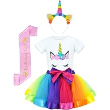 JiaDuo Girls Unicorn Costume Rainbow Tutu with White Shirt, Headband & Satin Sash