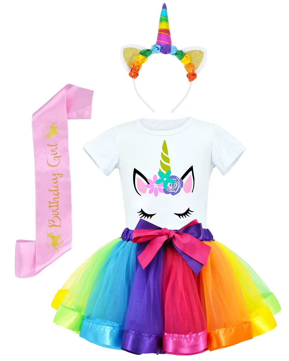 JiaDuo Girls Unicorn Costume Rainbow Tutu with White Shirt, Headband & Satin Sash