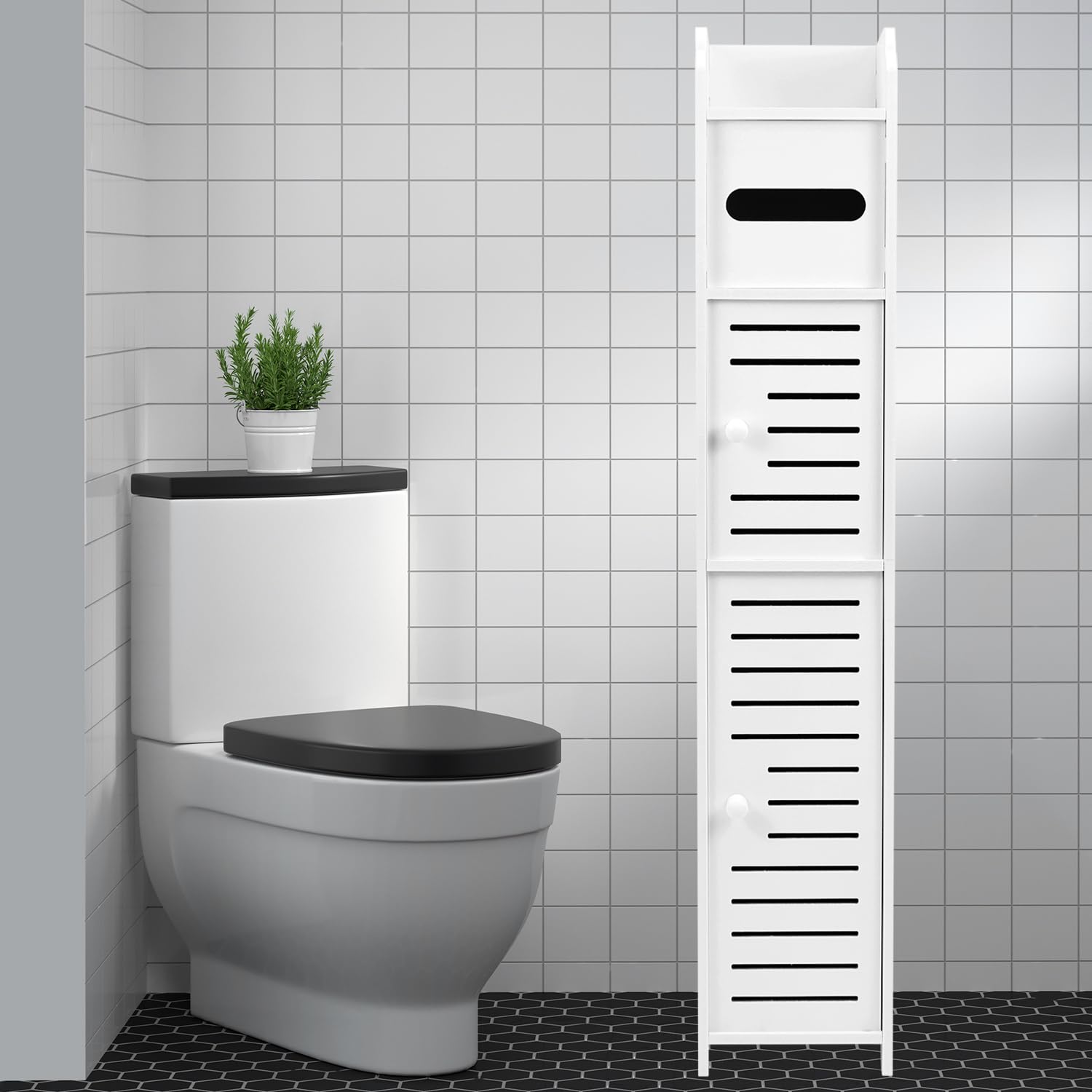 QWORK® Muebles Auxiliares de Baño, Armario de Baño, Mueble Baño Estrecho Portarrollos de Papel Higiénico Impermeables 14 x 15 x 80 cm