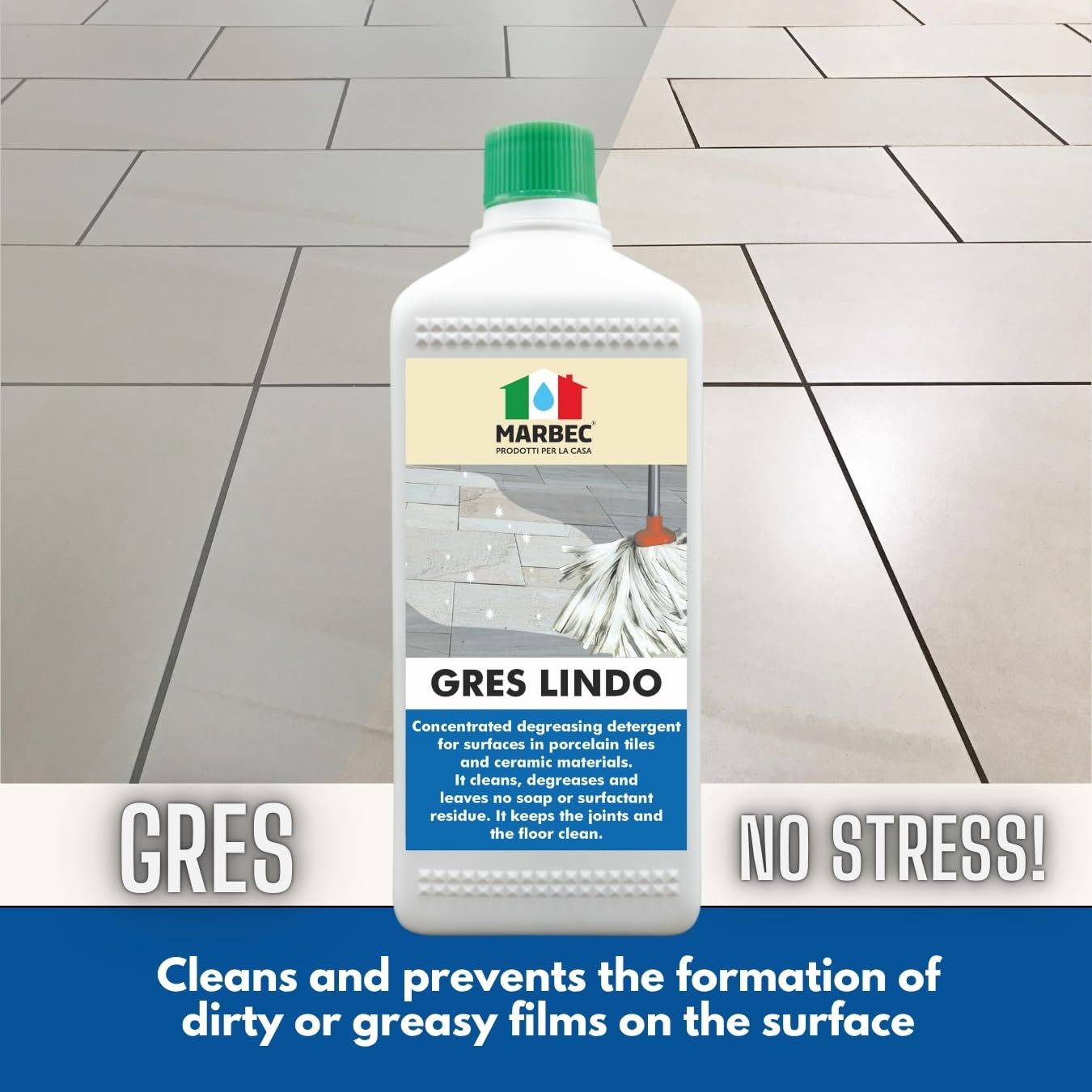 MARBEC GRES LINDO 1LT Detergente per pavimenti in gres porcellanato pulisce sgrassa senza residui. Mantiene pavimenti e fughe pulite. Ideale per Uso Quotidiano.