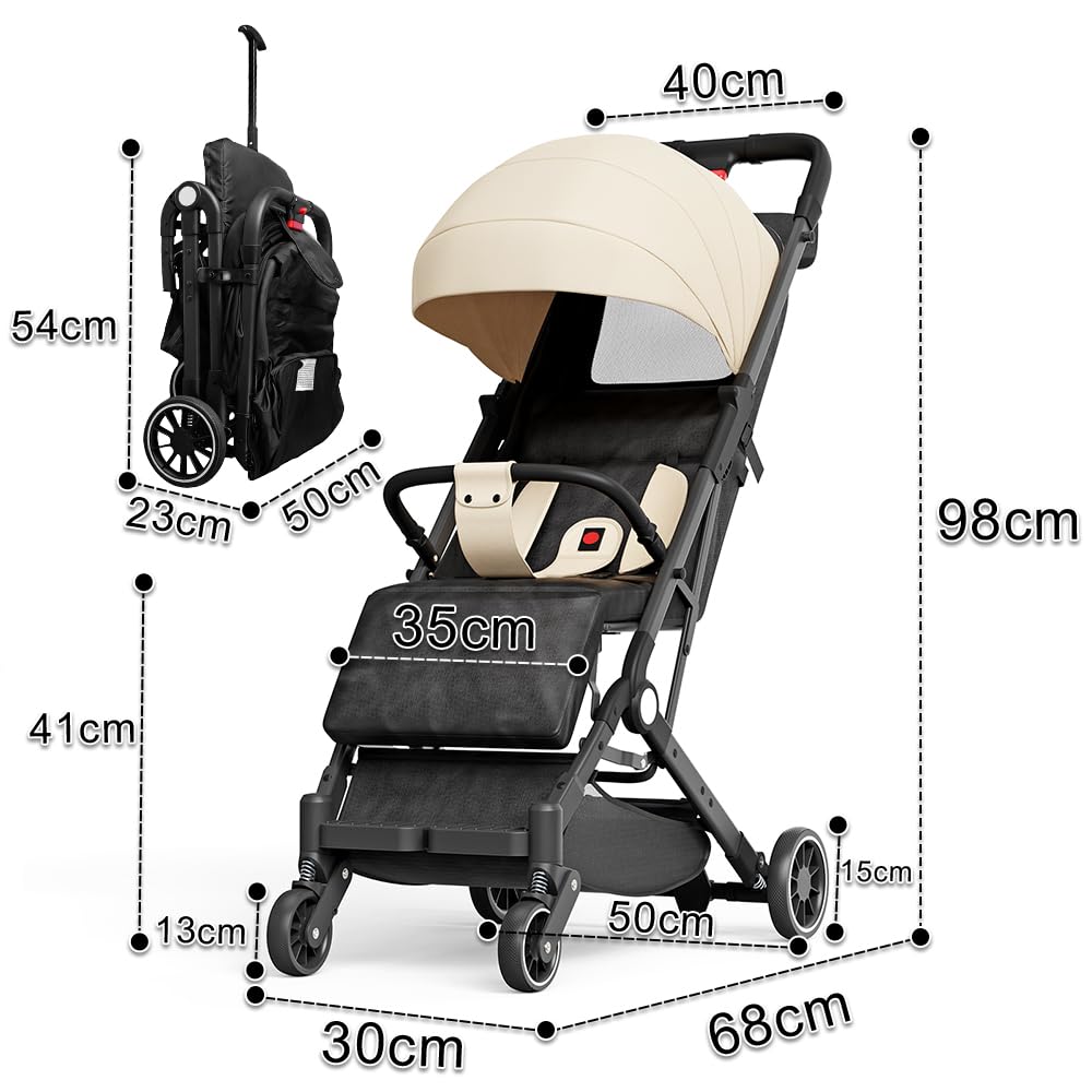 OHMG - Cochecitos de la ciudad, 0-4 años, 0-22 kg, cochecito de bebé ligero y compacto, 3 posiciones de inclinación, posición alargada, plegable automática, correa para el hombro (Kaki-63x30x101cm)