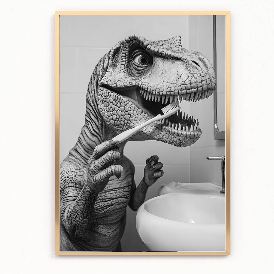 gfc FUNNY BATHROOM dinosaur BRUSHING TEETH A4 UNFRAMED PRINT PICTURE wall art Home decor Decorating