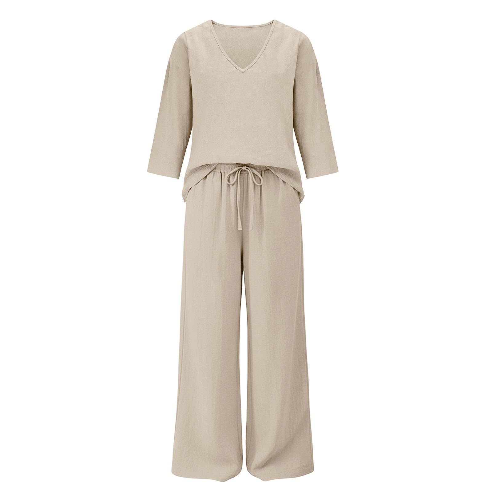 Ensemble En Lin Femme 2 Pieces Chic Et Elegant Léger Été Loungewear De Jogging Maison Ample Lâche Avec Cordon Serrage Décontractée Demi-Manche Chemise Col V Pantalon Large Fluide Tenue Grande Taille