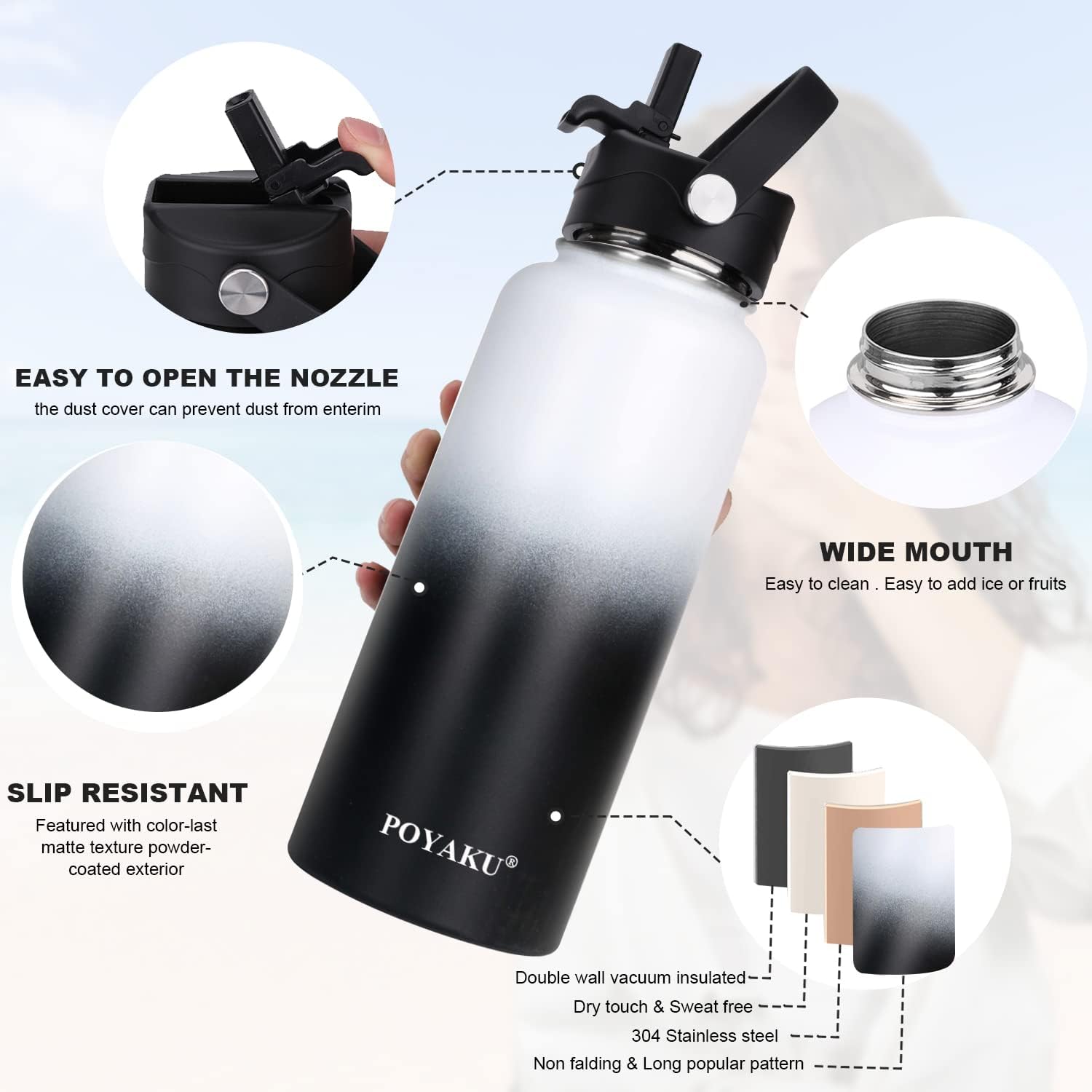 Water Bottle Insulated 32oz 40oz 64oz 128oz Straw Lid Spout Lid & 3 Lids, Leak Proof, Vacuum Insulated,Stainless Steel Water Bottle Wide Mouth for Sports, Gym or Office - Image 4