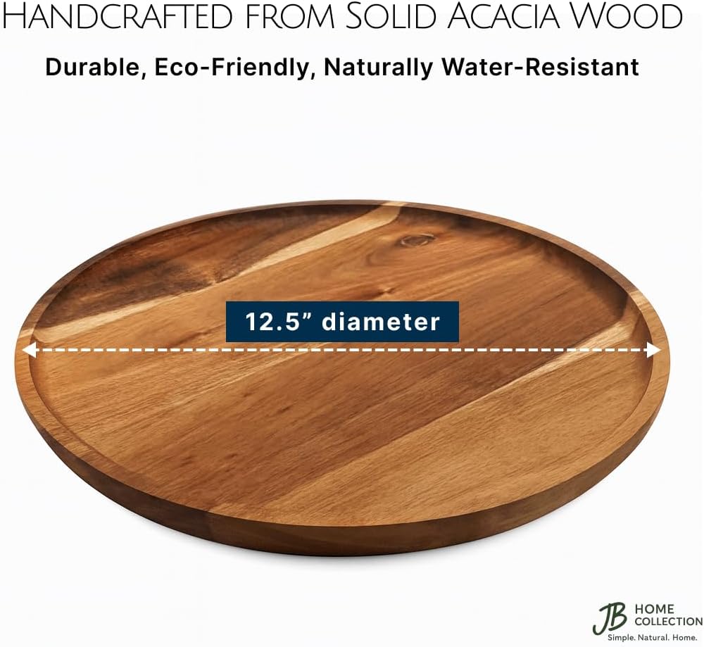 JB HOME COLLECTION, Pack of 2 Round Wooden Serving Trays, 12.5" Acacia Wood Food Serving Charger Platters – Rustic Tea, Coffee, Snack & Fruit Display Trays