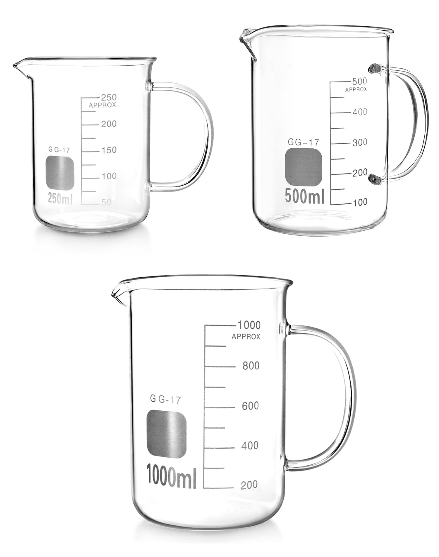 QWORK Kit de taza medidora de vidrio de borosilicato, 3 piezas (500 ml + 1000 ml + 250 ml) taza de vaso con asa, boquilla en forma de V, vaso de medición
