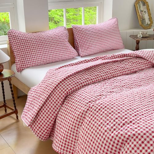 NSNLGSGC Red Gingham Twin Summer Bedspread Quilt Set