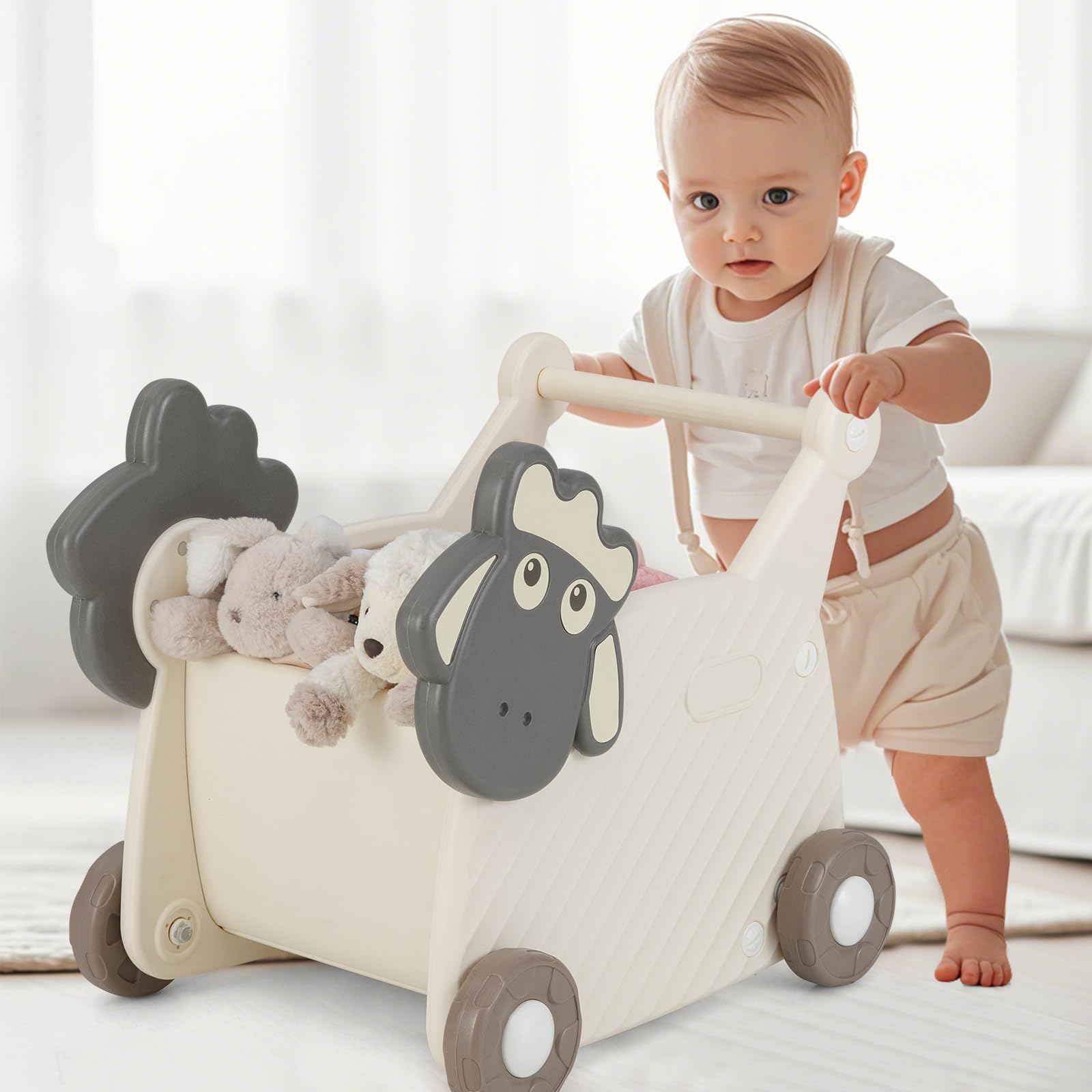 COSTWAY Andador para Bebés en Forma de Oveja, Carrito de Almacenamiento de 18L para Niños, Andador Infantil de 4 Ruedas para Desarrollo de Habilidades Motoras,Carrito de Empuje para Niños de 3+ Años